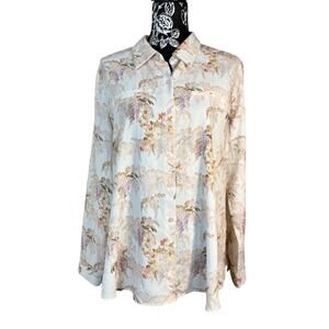 Alex Marie Pastel Floral Blouse Size Large Button-Front Collared Long Sleeve Top